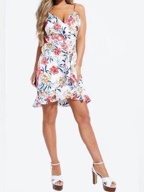 Guess V neck ruffle floral dress M